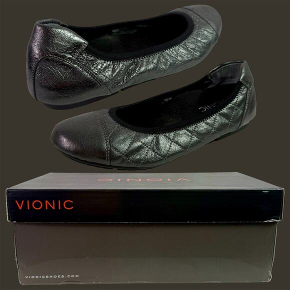Vionic Women's 8 Pewter Gray Prim Ava Quilted Leather Orthopedic Ballet Flats - Picture 1 of 9